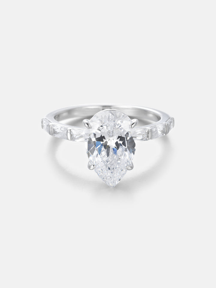 4CT Pear Cut Moissanite Ring with Baguette Band