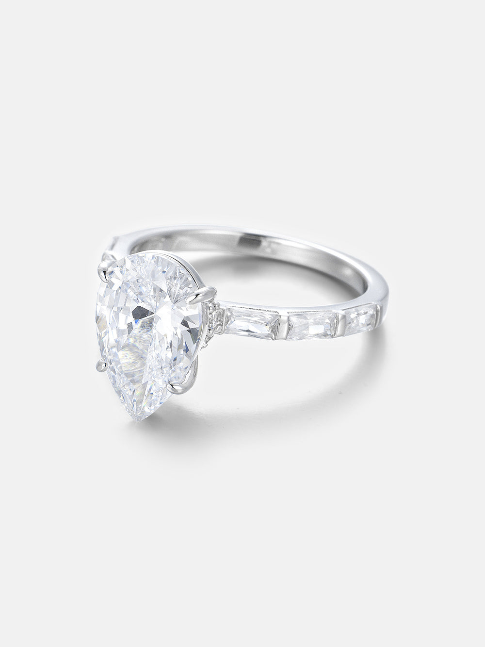 4CT Pear Cut Moissanite Ring with Baguette Band