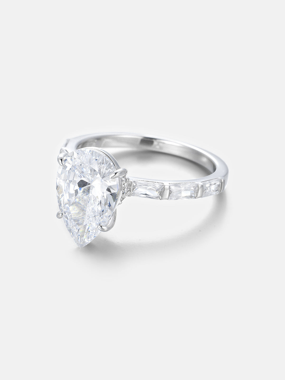 4CT Pear Cut Moissanite Ring with Baguette Band