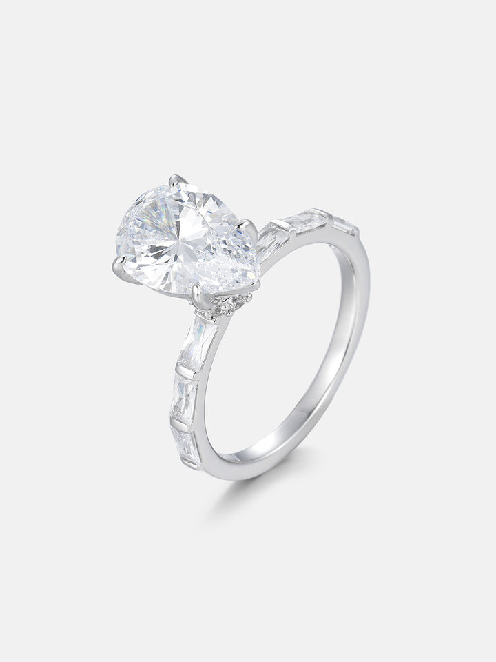 4CT Pear Cut Moissanite Ring with Baguette Band