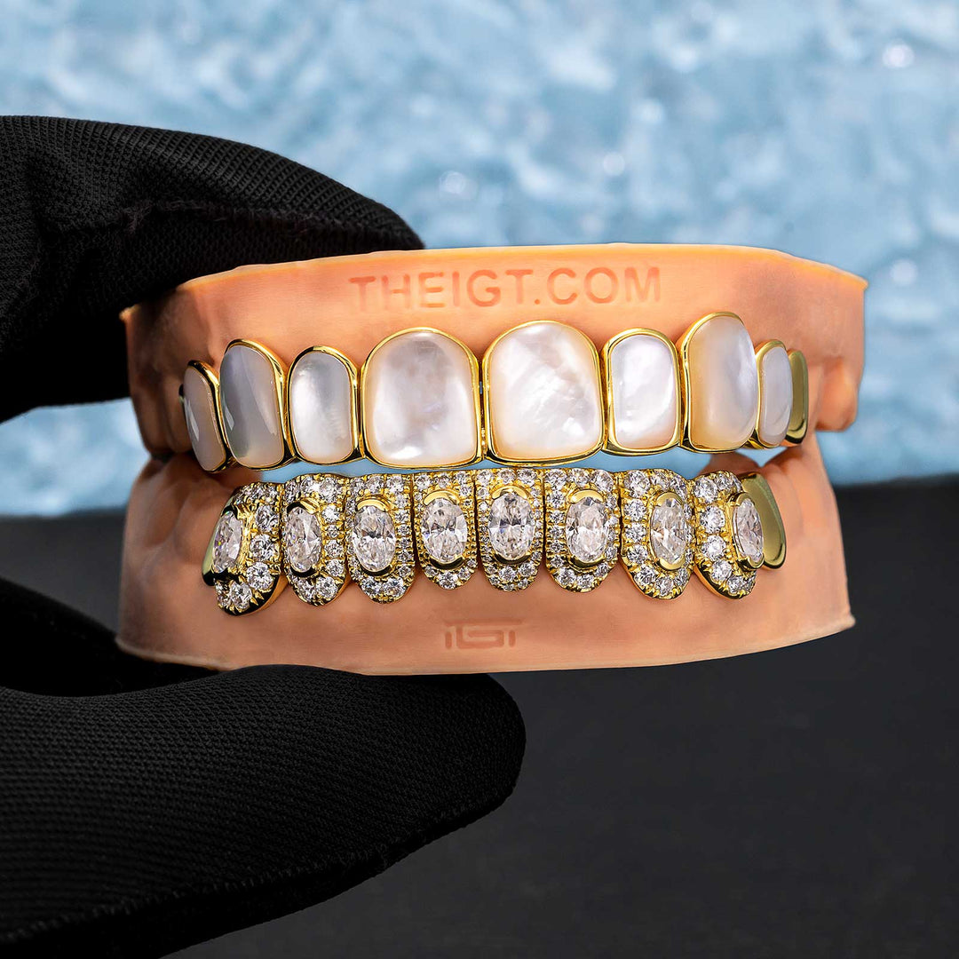 White Shell & Oval Cut Diamond Grillz