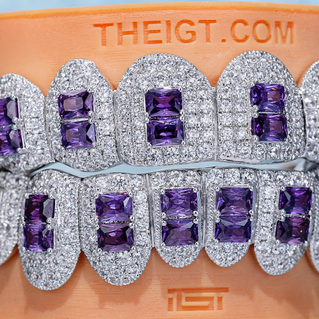 Pave Setting Diamond Grillz Radiant Cut Purple Sapphire