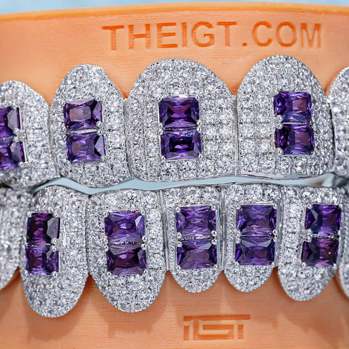Pave Setting Diamond Grillz Radiant Cut Purple Sapphire