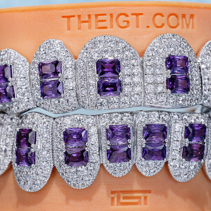 PAVE SETTING DIAMOND GRILLZ RADIANT CUT PURPLE SAPPHIRE