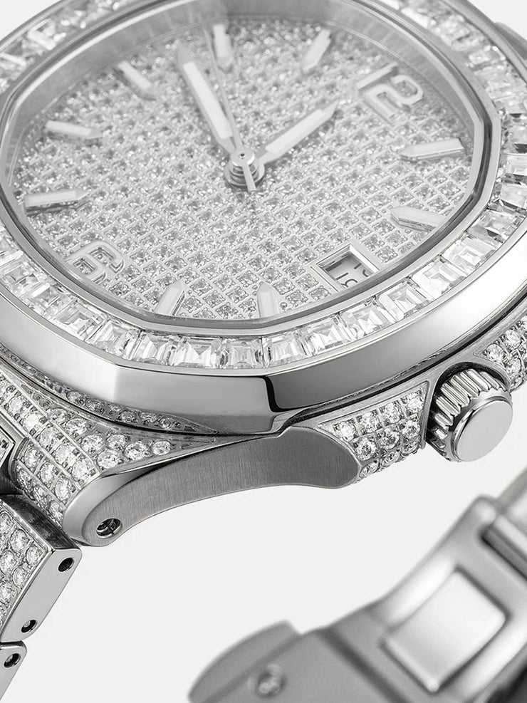 Iced Out Baguette Cut Moissanite Watch in White Gold