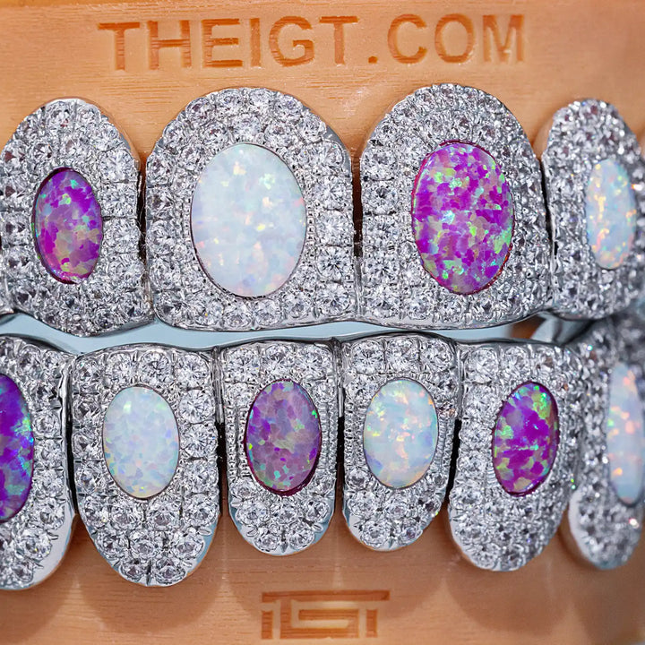 Pave Setting Diamond Grillz White & Pink Opal