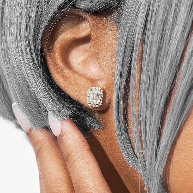 S925 Moissanite Emerald Cut Halo Stud Earrings