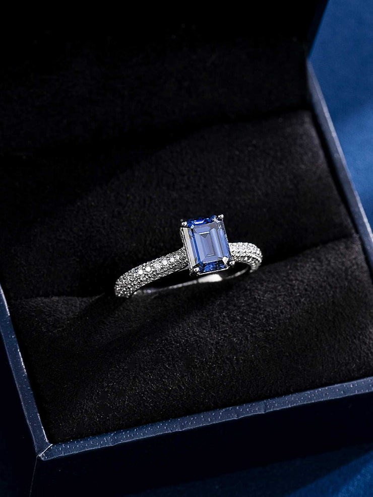 Made To Order Royal Blue Moissanite Emerald Cut Halo Ring with Side Diamonds