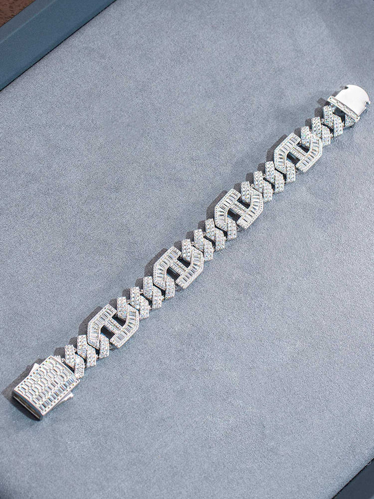 Made to Order 15mm S925 Moissanite Prong Baguette Cuban Chain or Bracelet