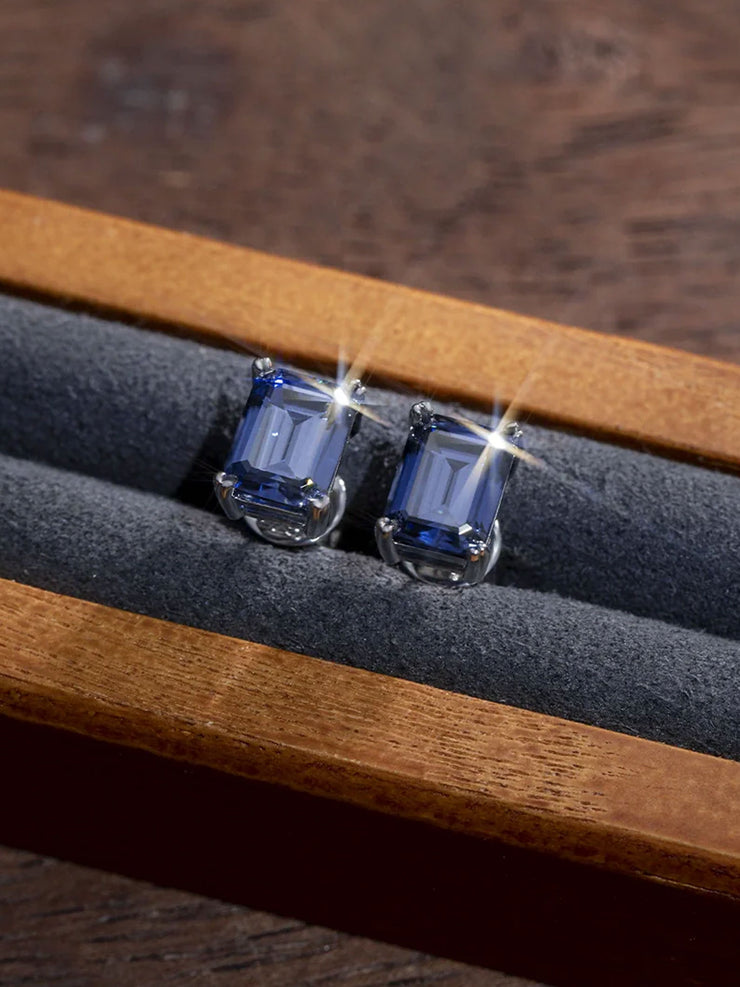 Royal Blue Moissanite Emerald Cut Stud Earrings-4.00 Carat Total