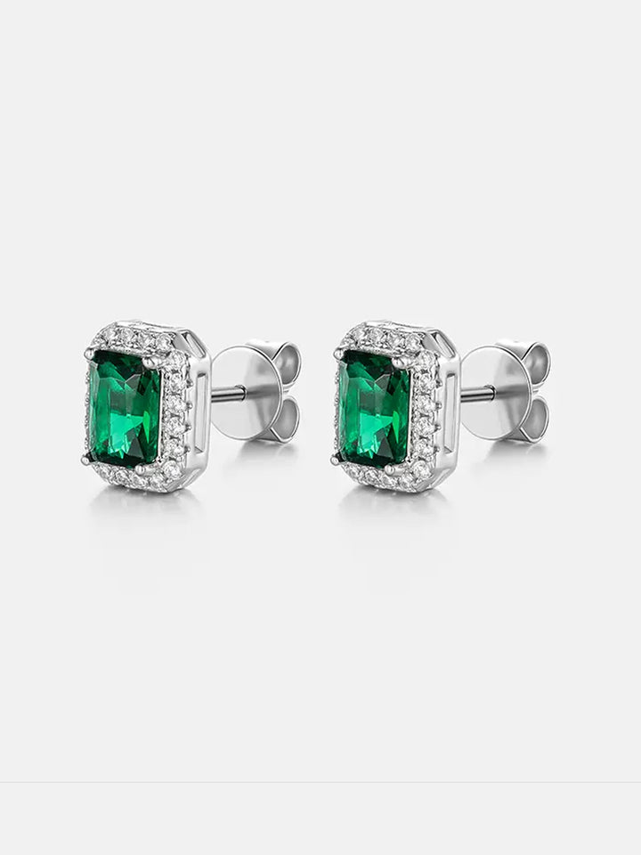 Green Moissanite Emerald Cut Halo Stud Earrings