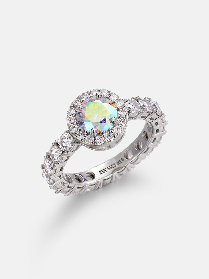 1CT Rainbow Moissanite Halo Ring with Side Diamonds