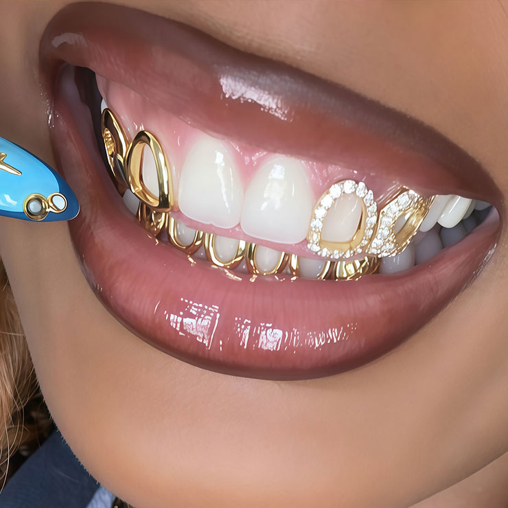 Top Open Face W Bottom Diamond Cut Grillz