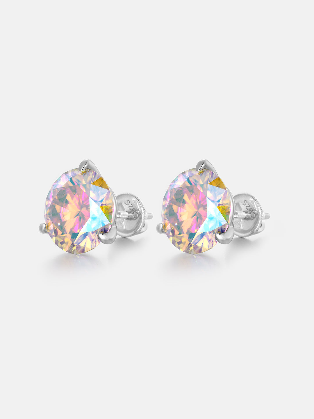 5CT Round Rainbow Moissanite Three Claw Stud Earrings