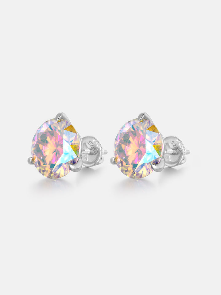 5CT Round Rainbow Moissanite Three Claw Stud Earrings