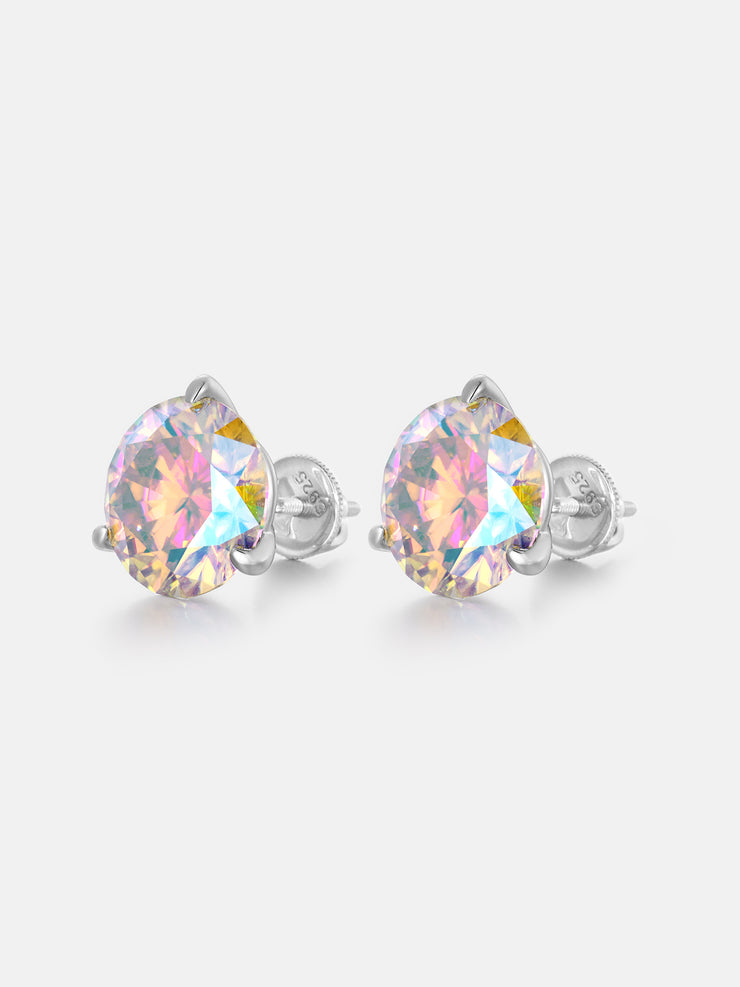 5CT Round Rainbow Moissanite Three Claw Stud Earrings