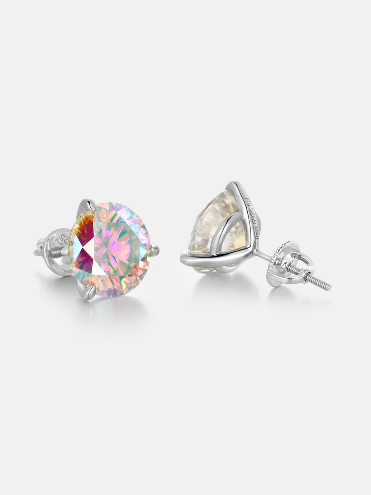 5CT Round Rainbow Moissanite Three Claw Stud Earrings