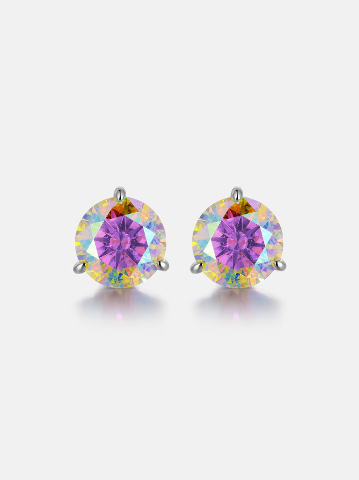 5CT Round Rainbow Moissanite Three Claw Stud Earrings