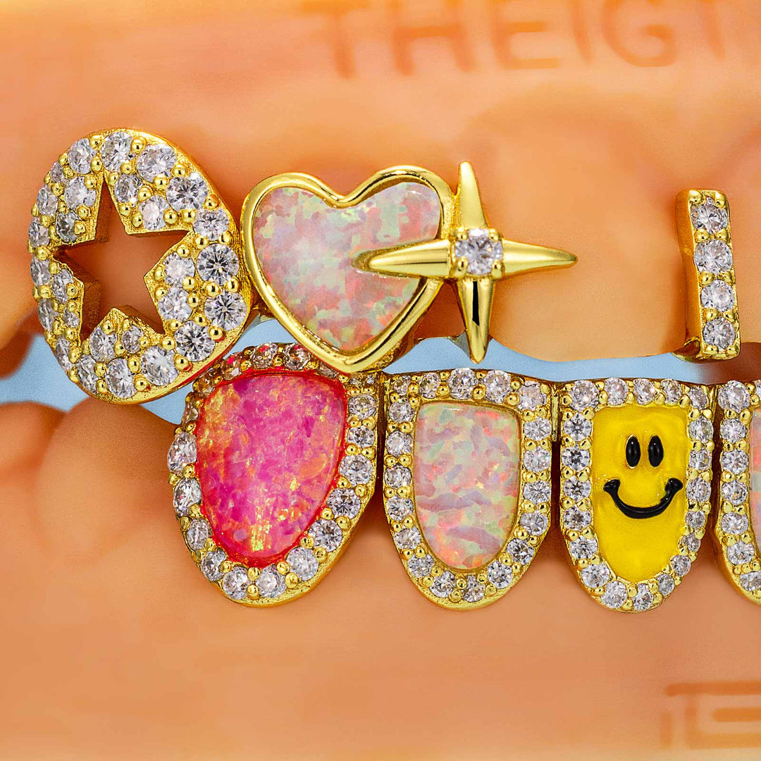 Custom Gap Bar & Colored Opal W Smile Face Grillz