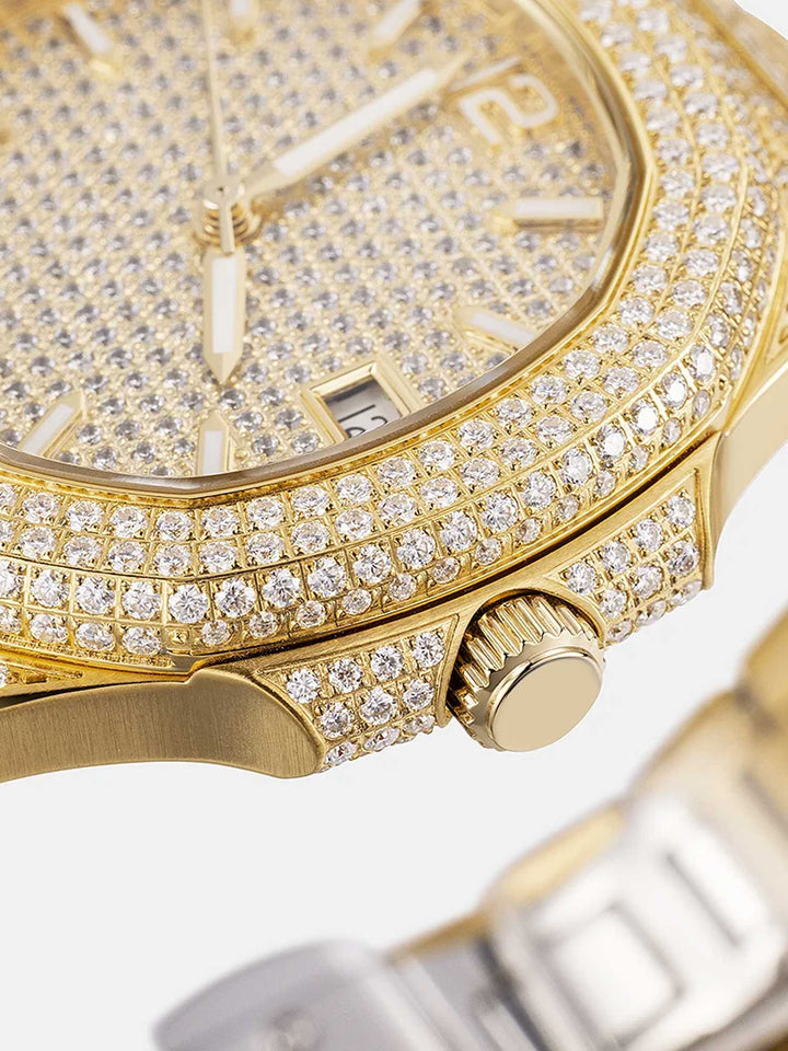 Fully Iced Out Moissanite Watch in Yellow Gold