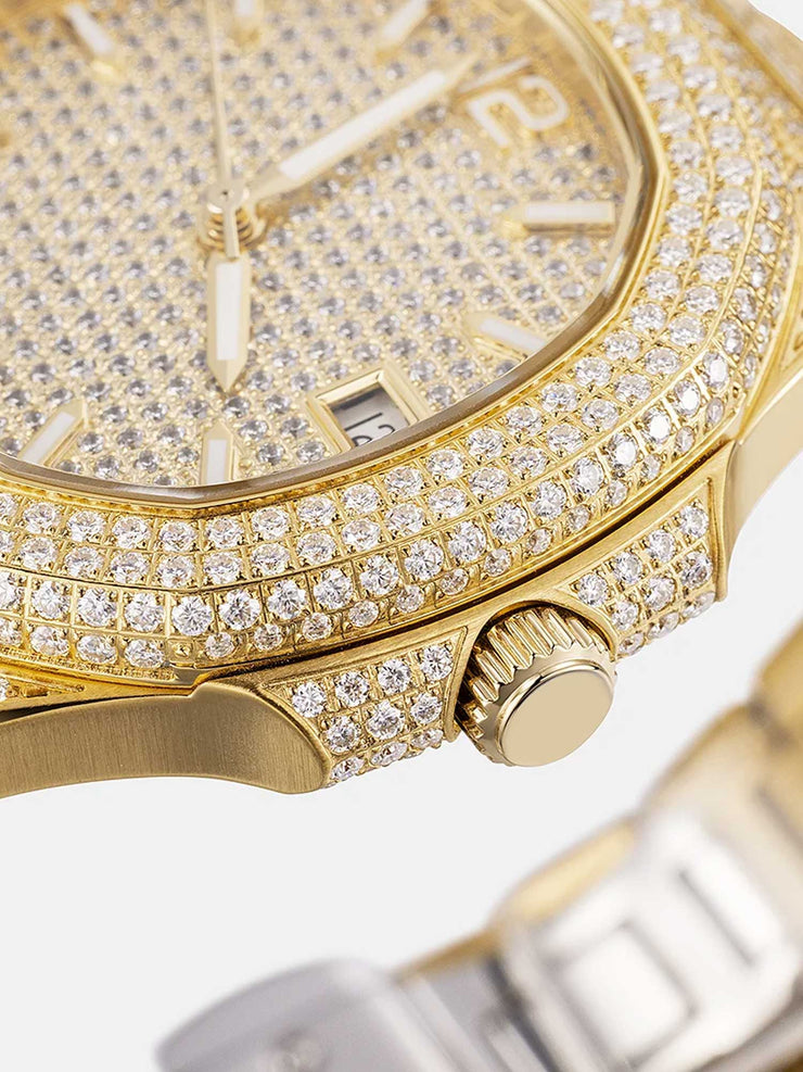 Fully Iced Out Moissanite Watch in Yellow Gold