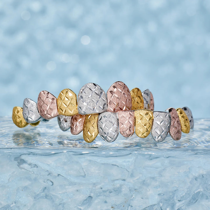 Custom Tri-Tone Diamond Dust And Diamond Cut Grillz