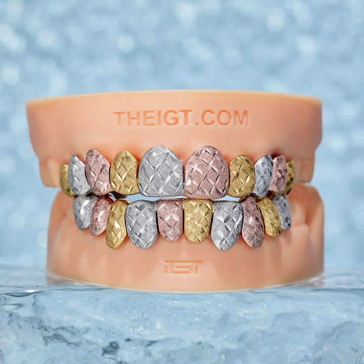 Custom Tri-Tone Diamond Dust And Diamond Cut Grillz