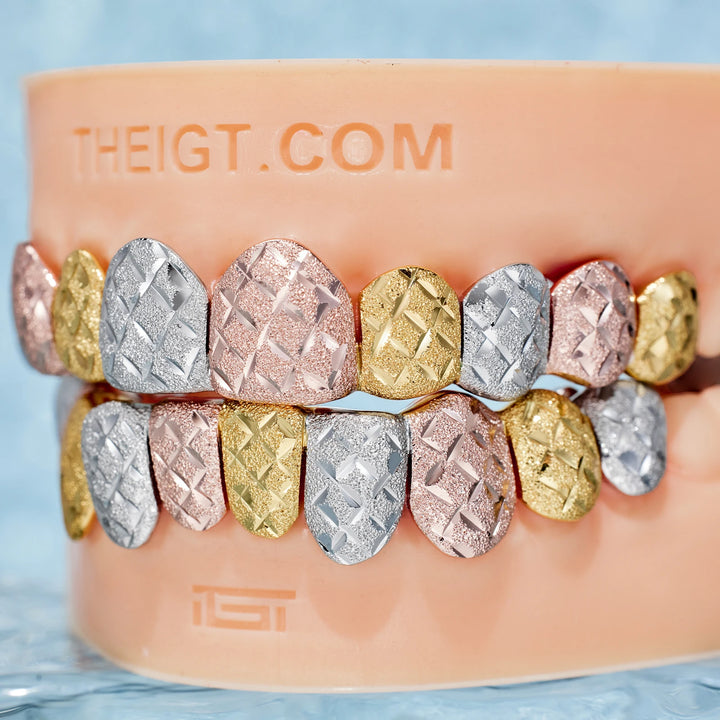 Custom Tri-Tone Diamond Dust And Diamond Cut Grillz
