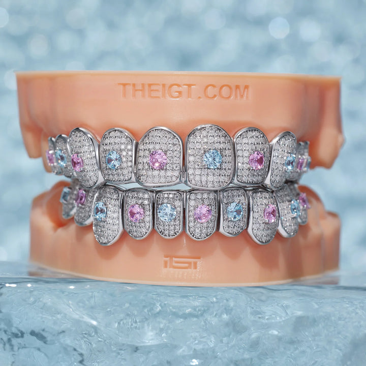 Custom Moissanite With Blue & Red Gemstone Grillz