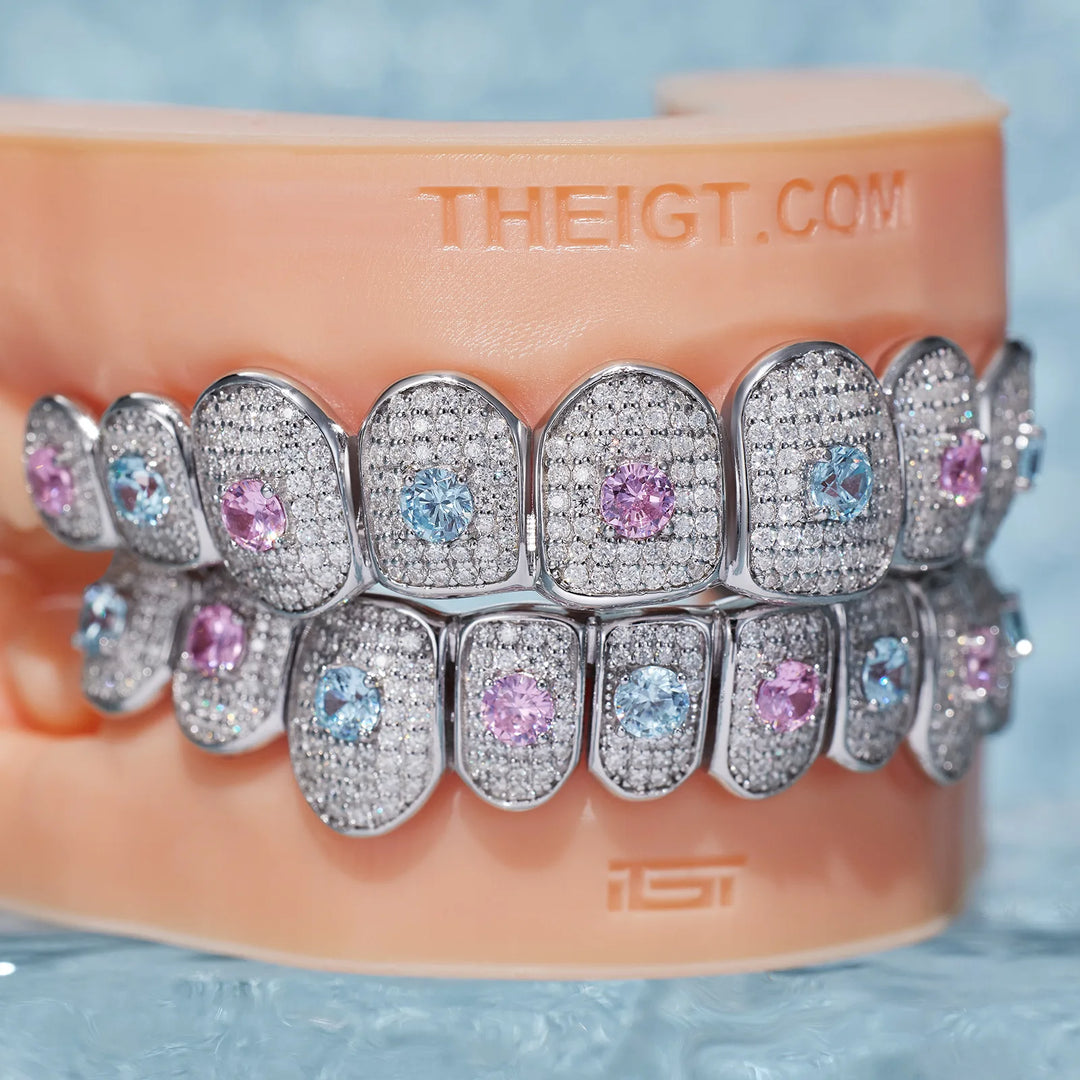 Custom Moissanite With Blue & Red Gemstone Grillz