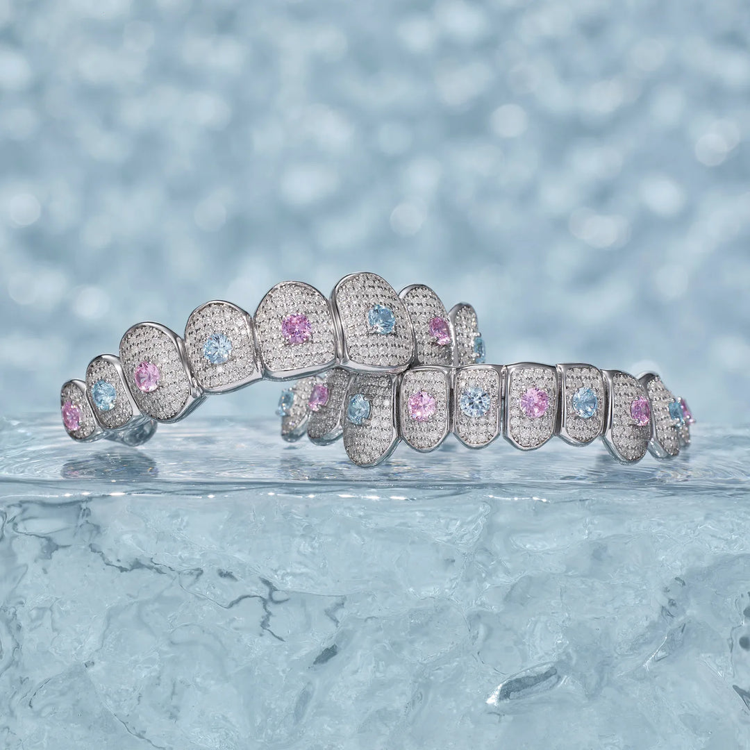 Custom Moissanite With Blue & Red Gemstone Grillz