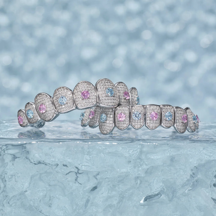 Custom Moissanite With Blue & Red Gemstone Grillz