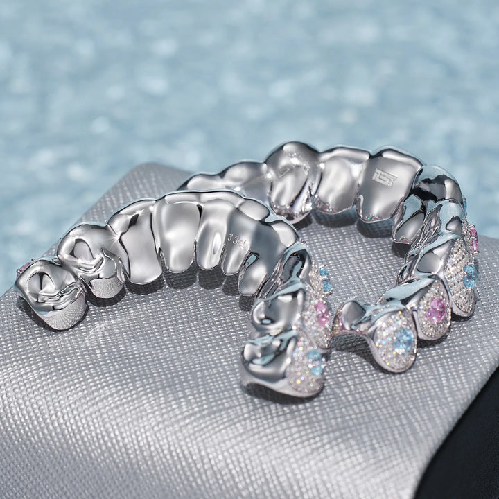 Custom Moissanite With Blue & Red Gemstone Grillz