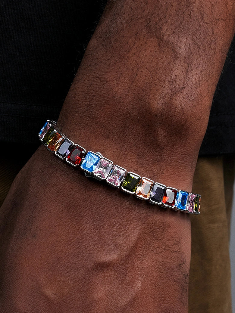 S925 Colored Gemstones Emerald Cut Tennis Bracelet
