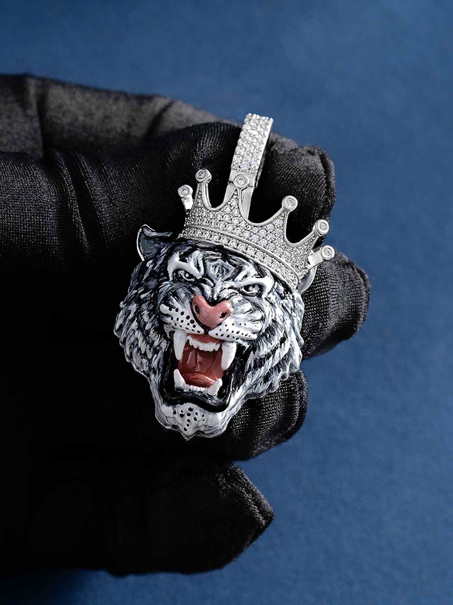 Moissanite Enamel Crown Tiger Pendant