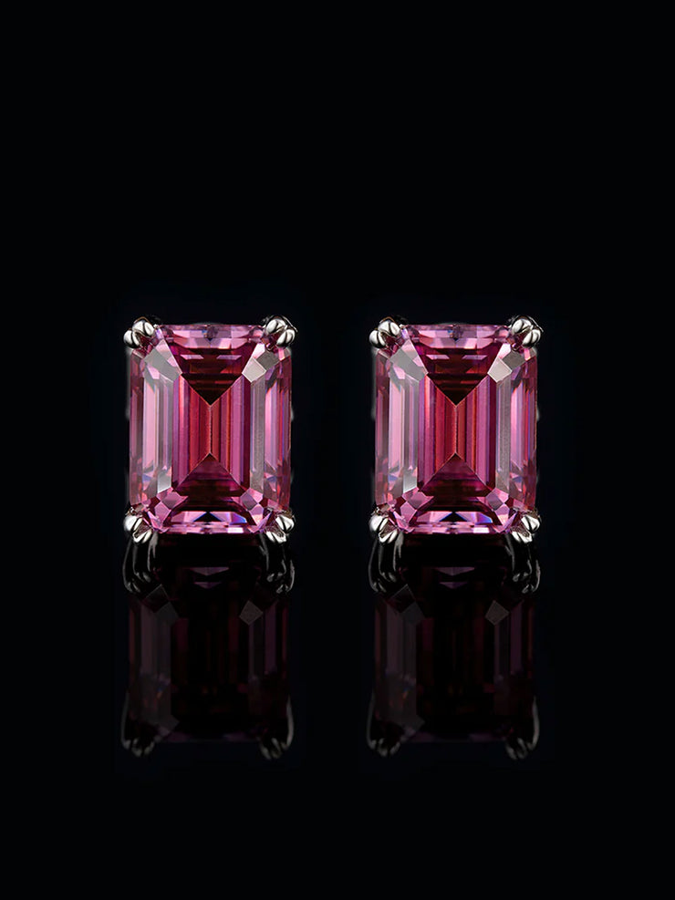 S925 Pink Moissanite Emerald Cut  Stud Earrings-4.00 Carat Total