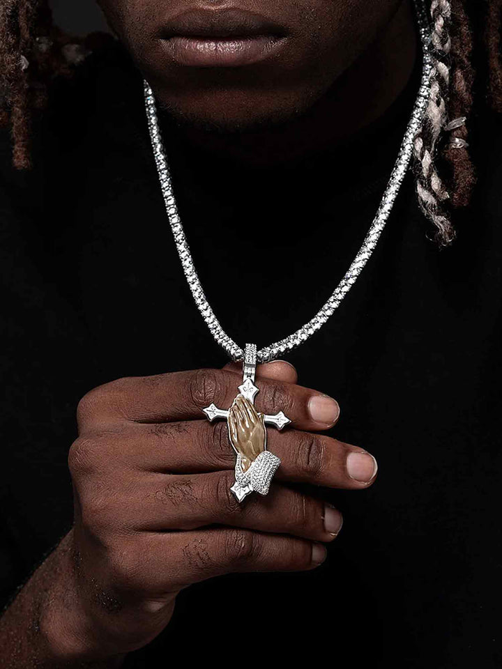Moissanite Enamel Praying Hands Pendants