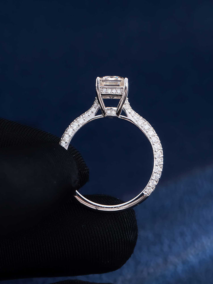 Emerald Cut Halo Ring with Side Diamonds
