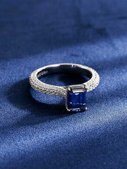 Made To Order Royal Blue Moissanite Emerald Cut Halo Ring with Side Diamonds