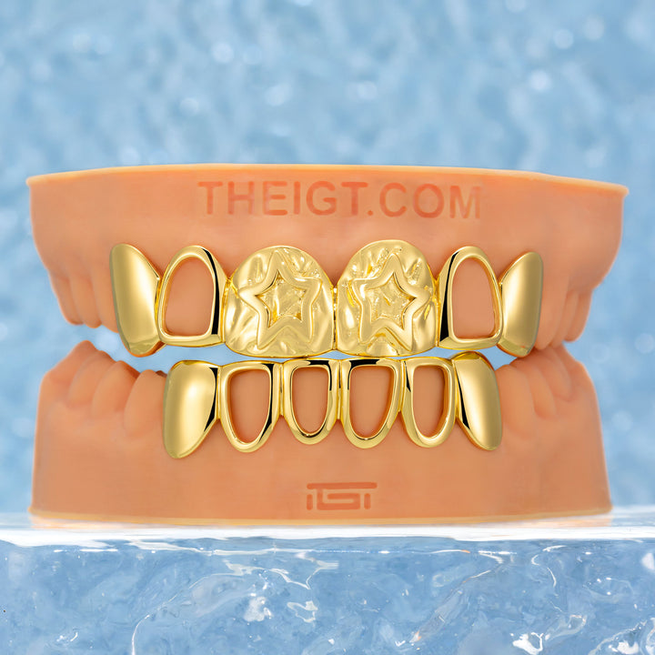 6 Top 6 Bottom Double Star Plain Grillz In Yellow Gold Plated