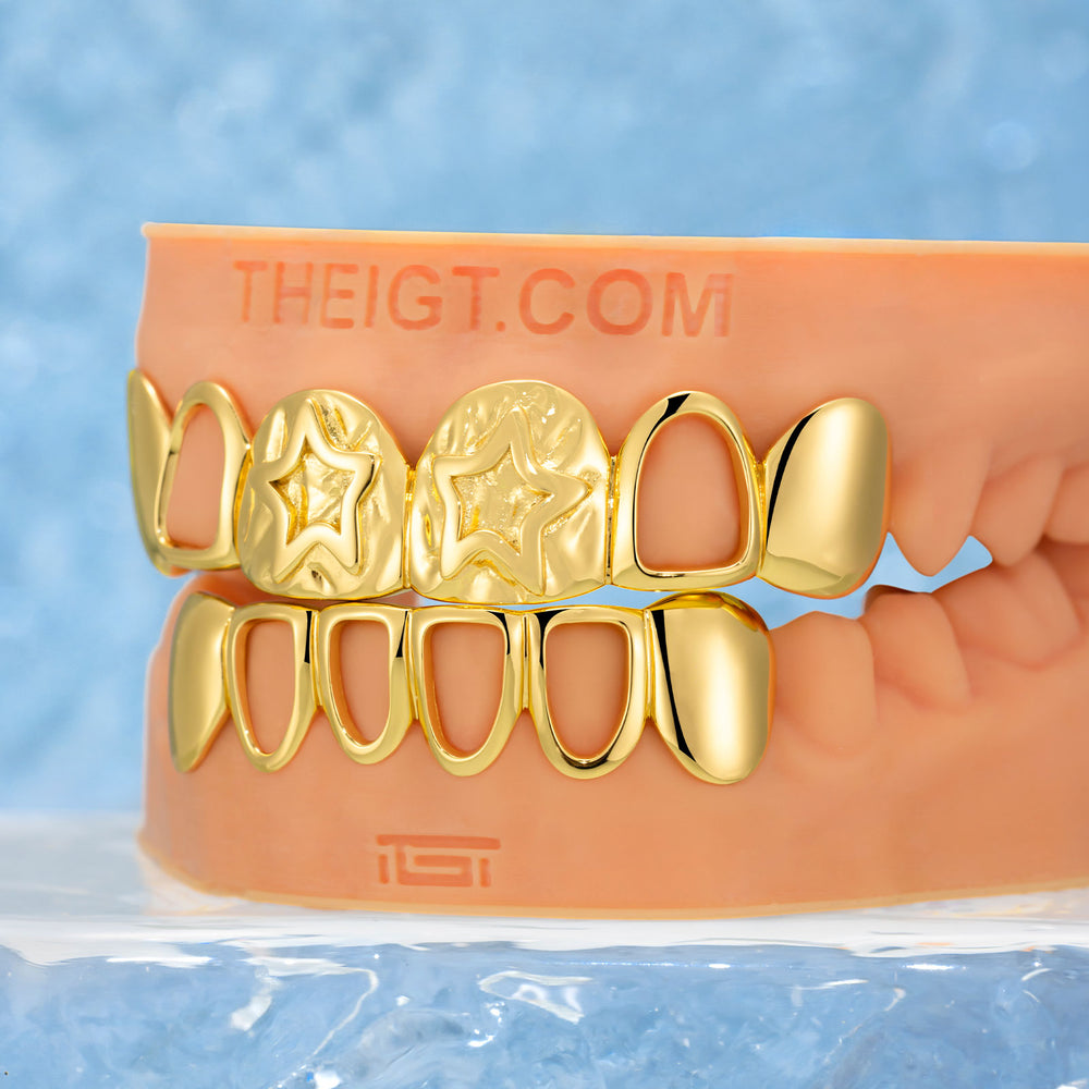 6 Top 6 Bottom Double Star Plain Grillz In Yellow Gold Plated