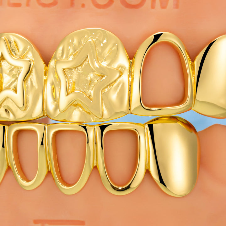 6 Top 6 Bottom Double Star Plain Grillz In Yellow Gold Plated