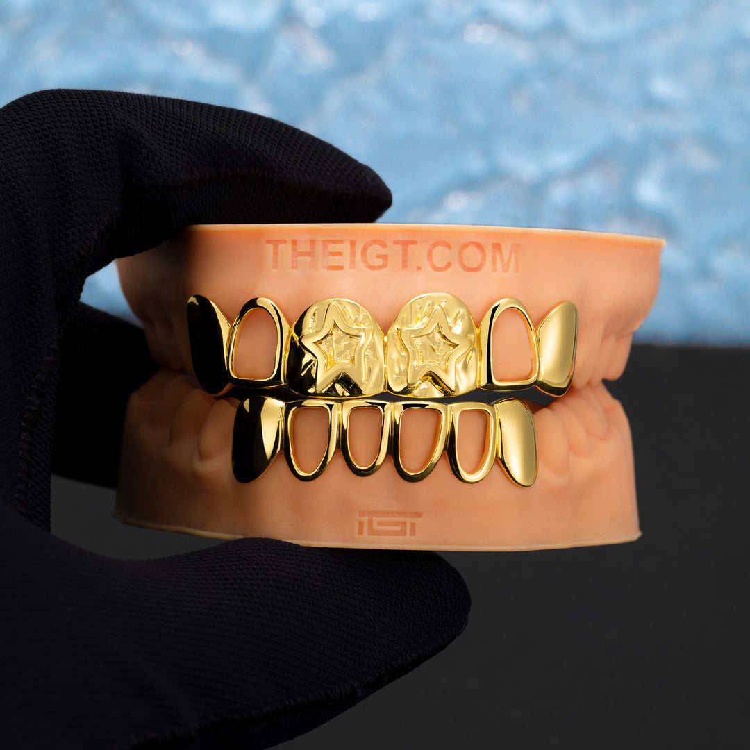 6 Top 6 Bottom Double Star Plain Grillz In Yellow Gold Plated