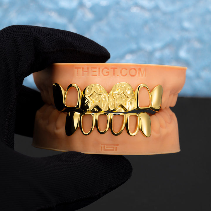 6 Top 6 Bottom Double Star Plain Grillz In Yellow Gold Plated