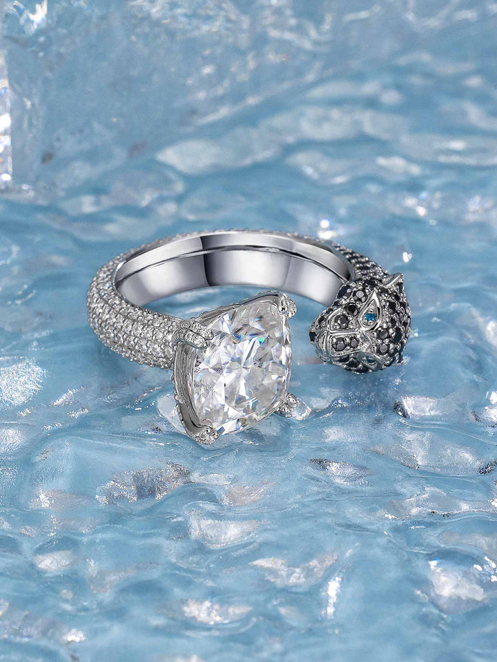 6CT Cushion Cut Moissanite Leopard Head Open Ring
