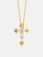 Solid Gold Trefoil Baguette Cut Diamond Cross Pendant