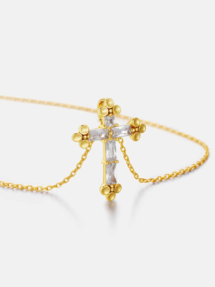 Solid Gold Trefoil Baguette Cut Diamond Cross Pendant