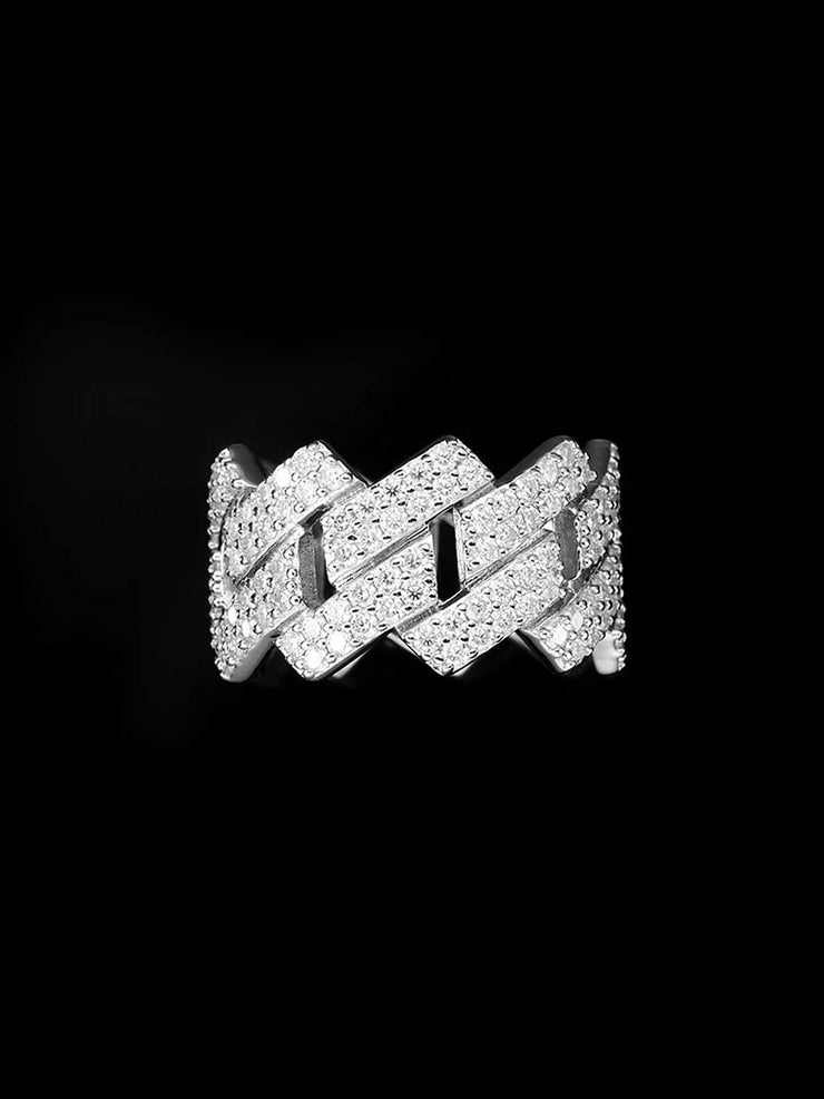 13mm 925 Sterling Silver Moissanite Prong Cuban Link Ring