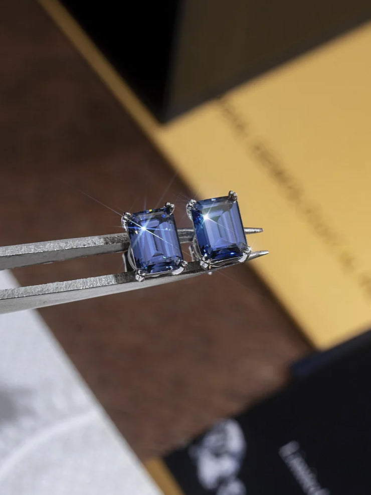 Royal Blue Moissanite Emerald Cut Stud Earrings-4.00 Carat Total