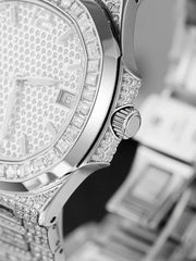 Iced Out Baguette Cut Moissanite Watch in White Gold